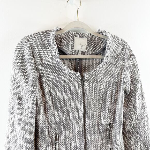 Joie Collins Long Sleeve Raw Cut Full Zip Tweed Blazer Jacket Gray/White Medium - Picture 5 of 16